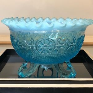 Antique Jefferson Wheel #260 Blue Opalescent Glass Dish Year 1905